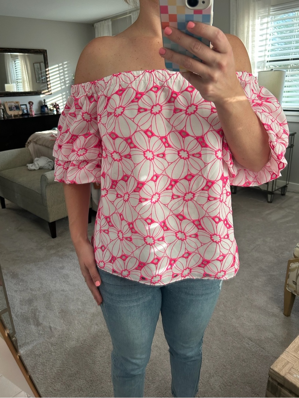 Lilly Pulitzer Off-Shoulder White Top with Pink Floral Print